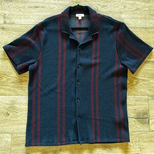 Reiss Castle Ribbed Cuban Collar Shirt XXL Navy Burgundy Stripe NWOT $145